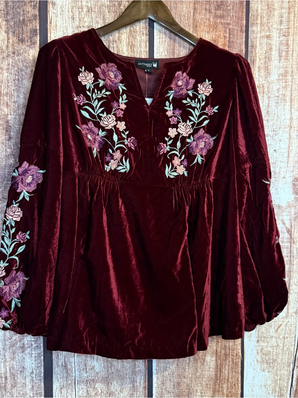 Antthony Women's Velvet floral Embroidered Peasant Top